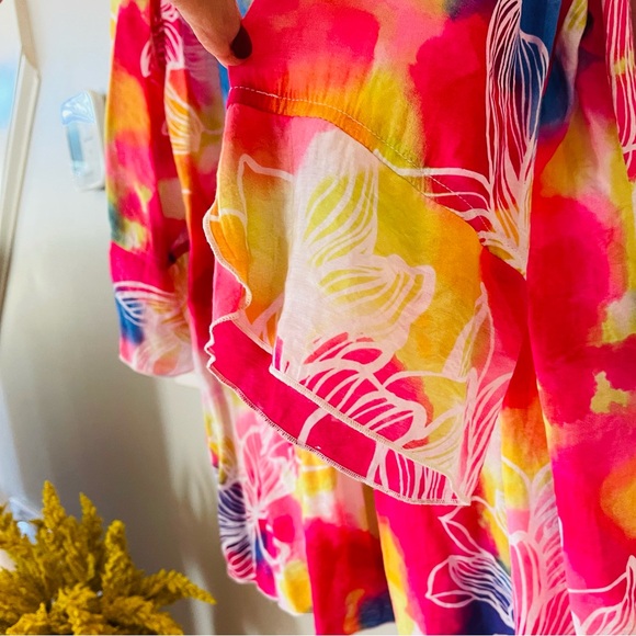 MULTIPLES Bright Colored Lightweight Floral Button Front Blouse Pink Blue XL - Picture 7 of 10